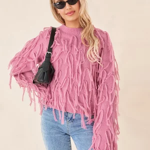 Y2K Grunge Style Tassel Sweater - Pink O-Neck Pullover