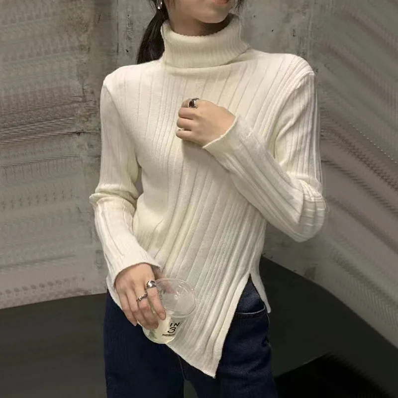 Y2K Grunge Style Turtleneck Knit Sweater - Irregular Split Design - Chic Pullover for Women