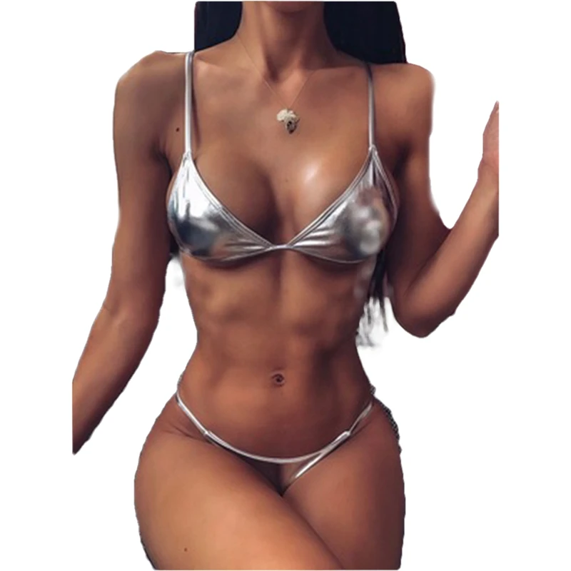 Y2K Grunge Style Two-Piece Metallic Bikini Set - Sleeveless Top & Briefs Swimsuit