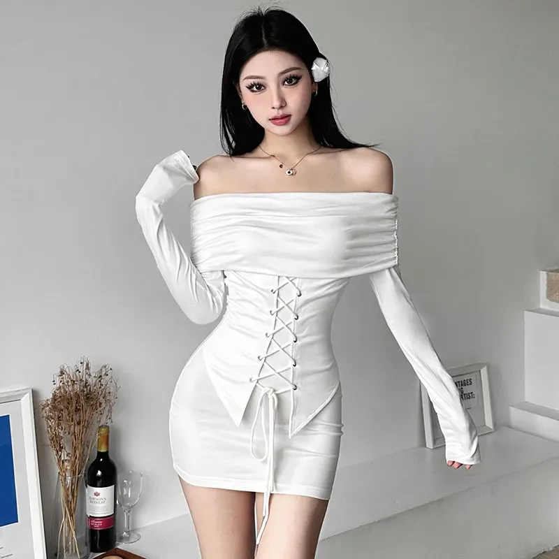 Y2K Grunge Style White Off-Shoulder Mini Dress - Retro Summer Fashion