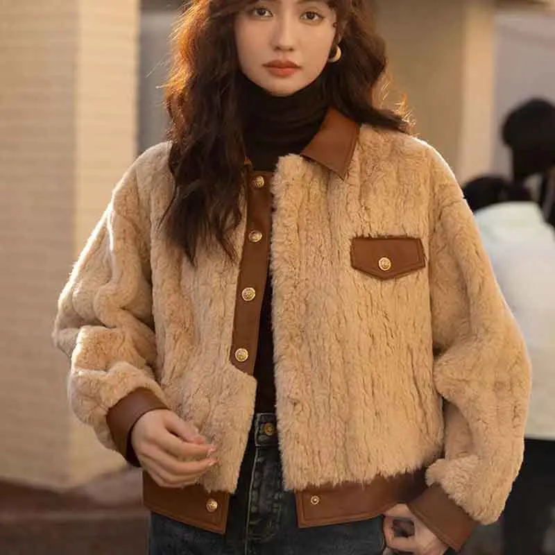 Y2K Grunge Style Wool Coat with Harajuku Leather Lapel