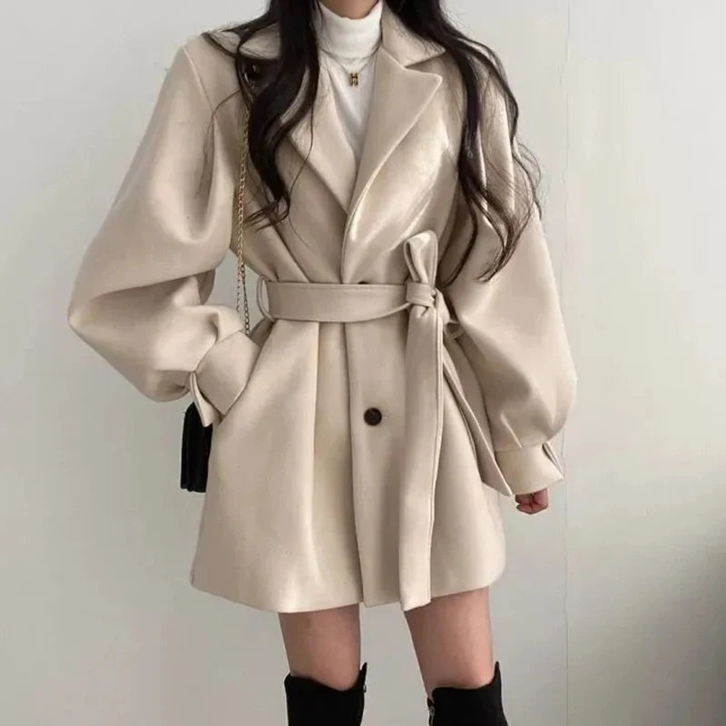 Y2K Grunge Style Woolen Coat with Belt - Retro Fall Fashion Outwear