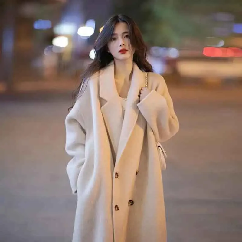 Y2K Grunge Style Woolen Long Coat - Double Breasted Solid Jacket