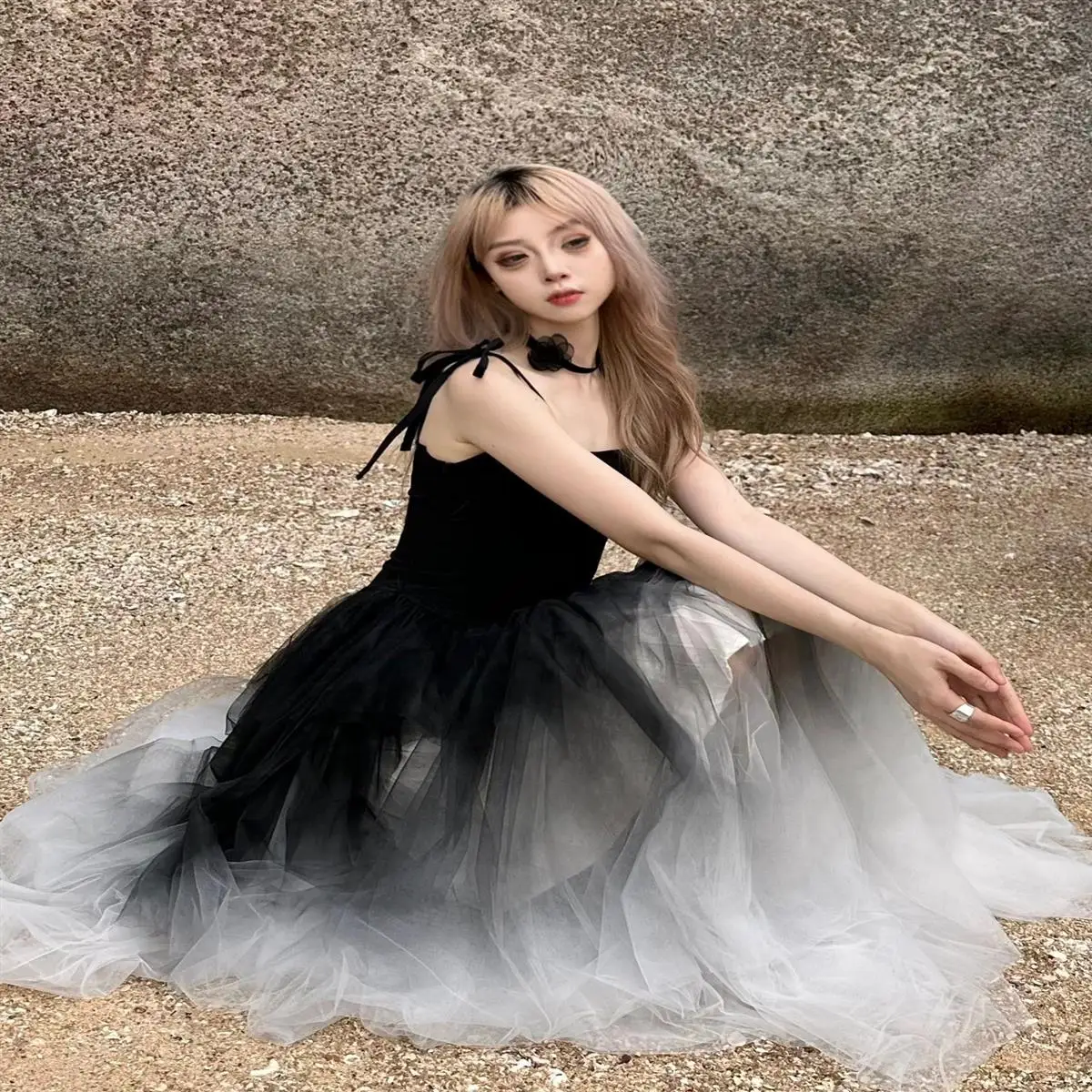 Y2K Grunge Summer Slip Dress - Black & White Gradient Tutu - Women's Fashion 2024