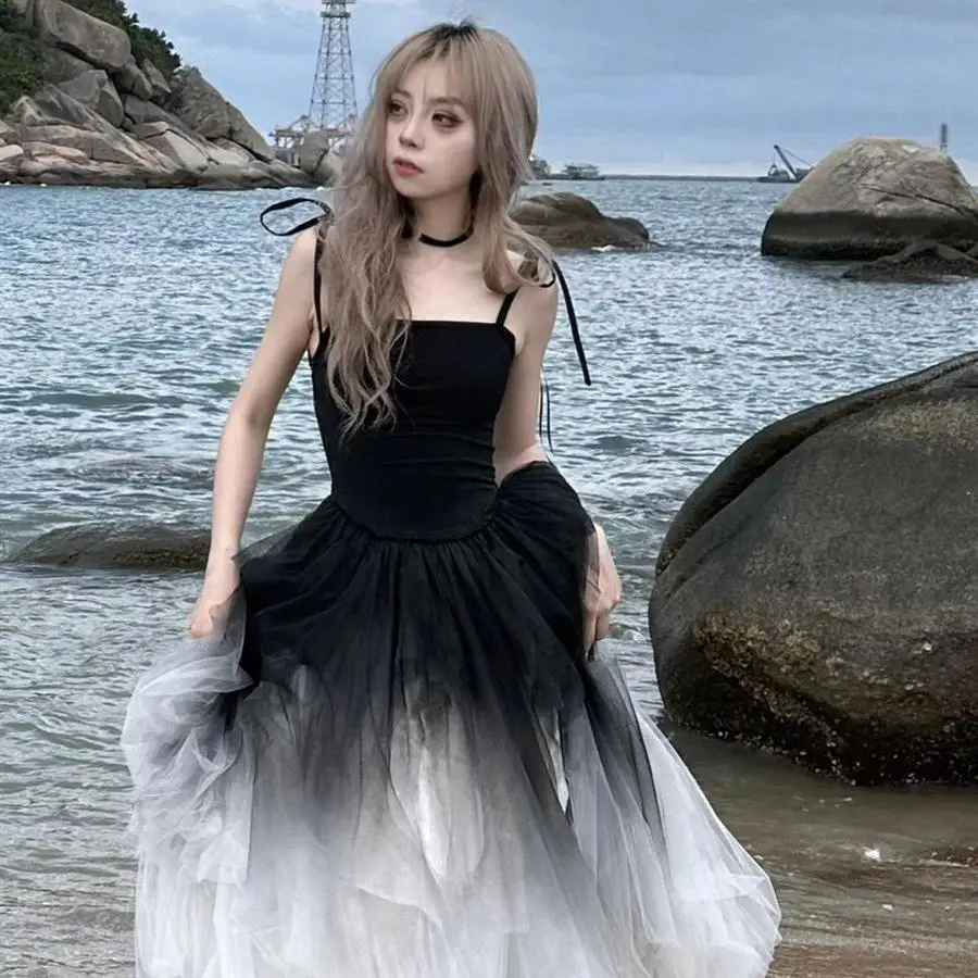 Y2K Grunge Summer Slip Dress - Black & White Gradient Tutu - Women's Fashion 2024