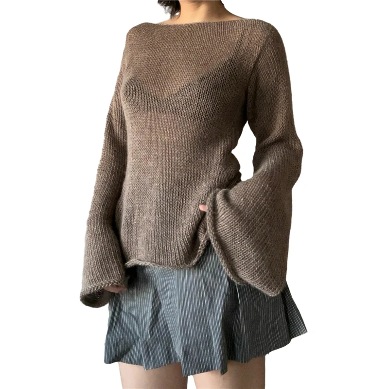 Y2K Grunge Sweater: Off-Shoulder Knitted Pullover for Women