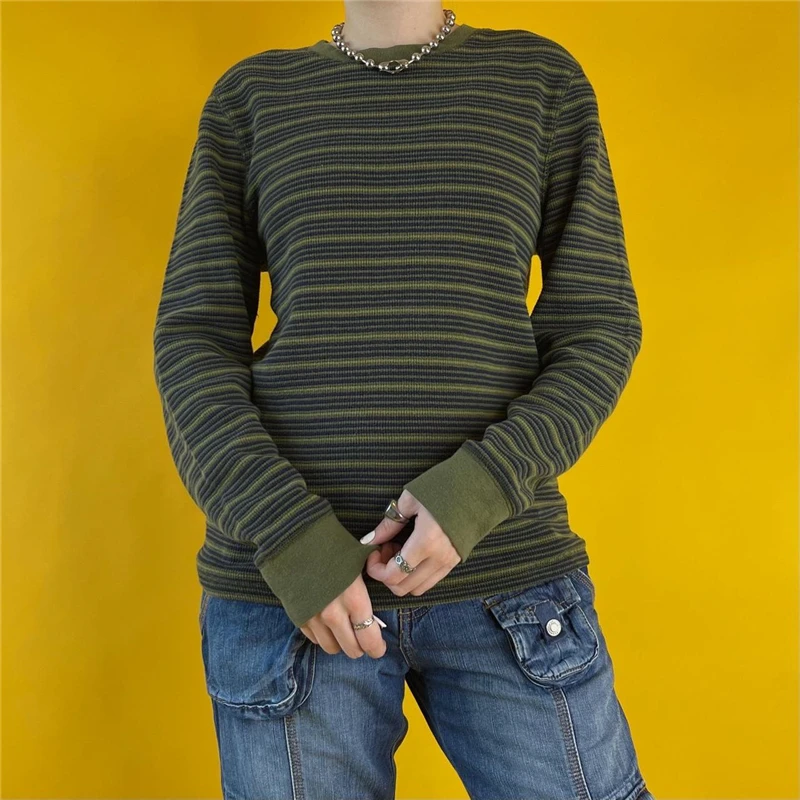 Y2K Grunge Sweater: Striped Round Neck Long Sleeve Pullover - Vintage Aesthetic Fairycore Knitwear