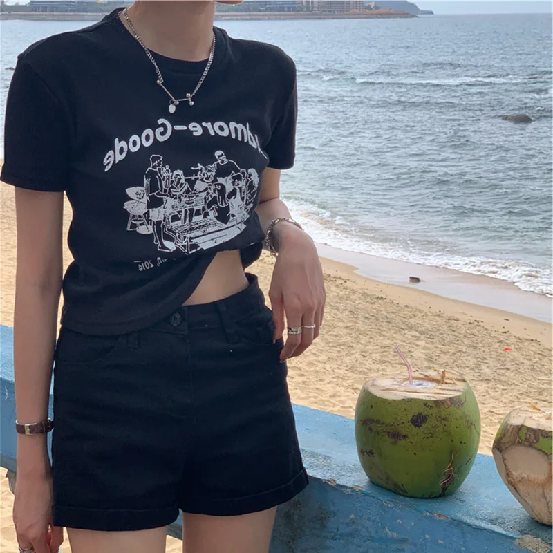 Y2K Grunge T-Shirt: American Summer Fashion - Ulzzang Slim Fit O-Neck Crop Top