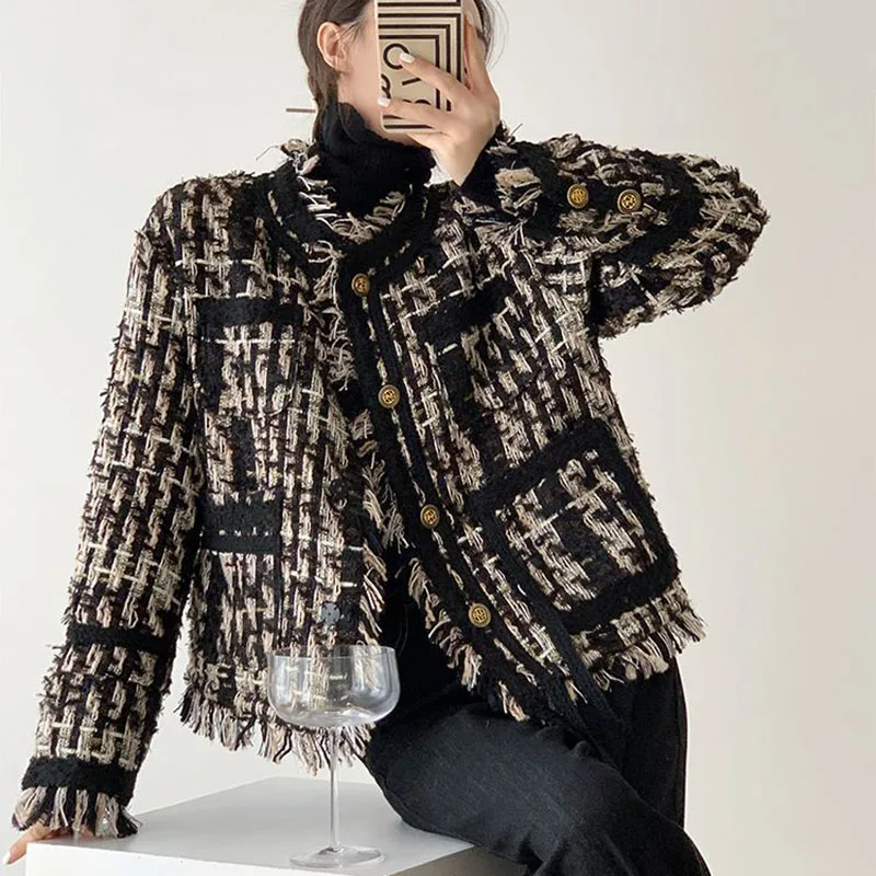 Y2K Grunge Tweed Jacket - Korean Style Tassel Coat for Women