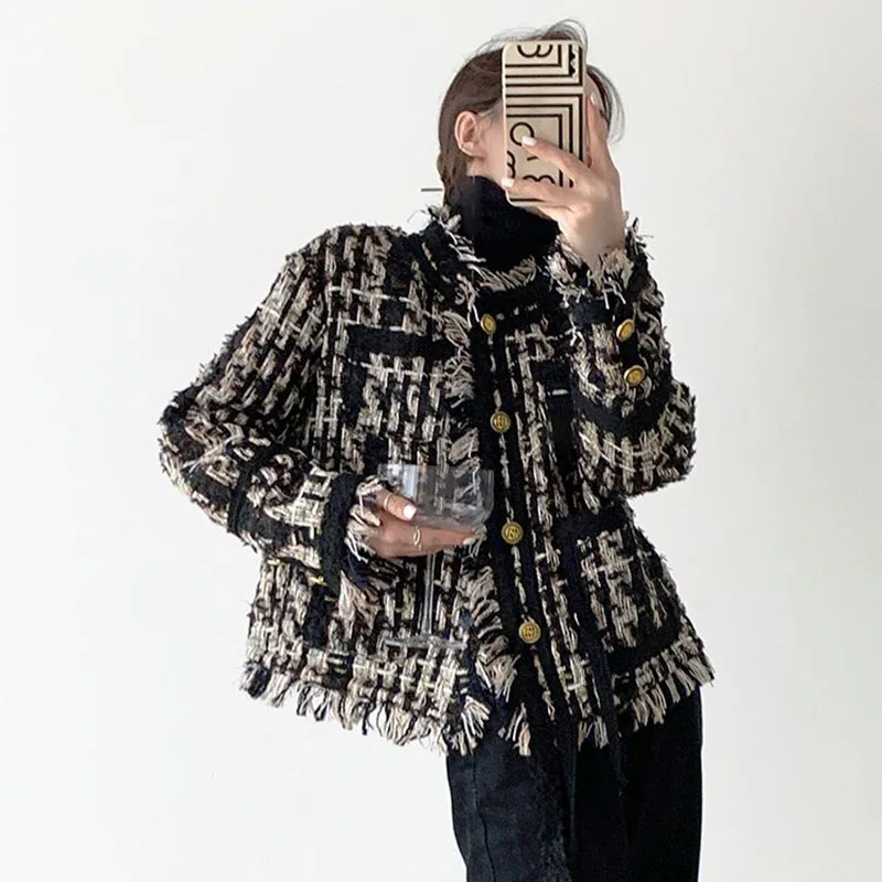 Y2K Grunge Tweed Jacket - Korean Style Tassel Coat for Women