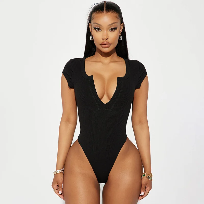 Y2K Grunge V-Neck Romper: Sexy Short Sleeve Bodysuit for Summer Beach Parties