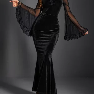 Y2K Grunge Velvet Gothic Punk Trumpet Dress - Ruched Mesh Flare Sleeve Evening Wear