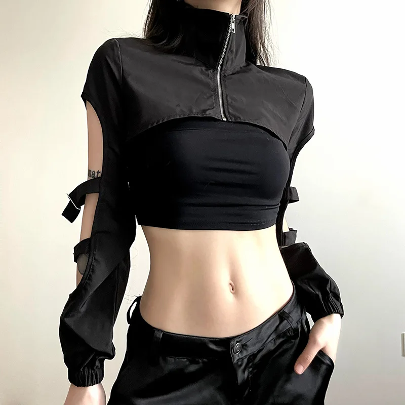 Y2K Grunge Zip-Up Crop Turtleneck Punk Black Coat - Techwear Rave Outfits