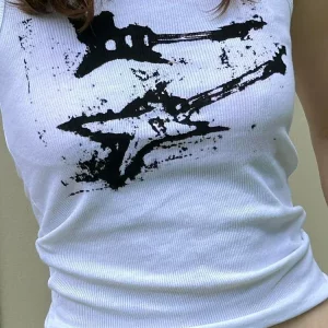 Y2K Guitar Print Sleeveless Tank Top - Grunge Crop Top for Women - Harajuku Fashion Vest Tee -