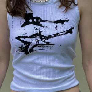 Y2K Guitar Print Sleeveless Tank Top - Grunge Crop Top for Women - Harajuku Fashion Vest Tee -