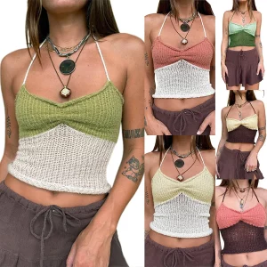 Y2k Halter Crop Top: Sexy Ribbed Cami with Contrast Color Ruched Detail