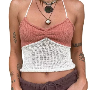 Y2k Halter Crop Top: Sexy Ribbed Cami with Contrast Color Ruched Detail