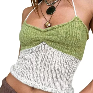 Y2k Halter Crop Top: Sexy Ribbed Cami with Contrast Color Ruched Detail