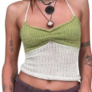 Y2k Halter Crop Top: Sexy Ribbed Cami with Contrast Color Ruched Detail