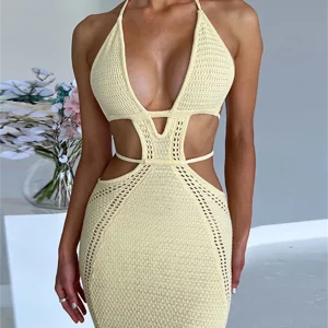 Y2K Halter Knit Crochet Beach Dress - Backless Deep V Cutout Bodycon Clubwear