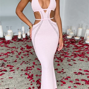 Y2K Halter Knit Crochet Beach Dress - Backless Deep V Cutout Bodycon Clubwear