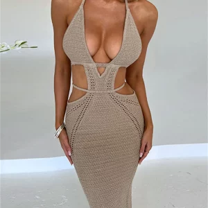 Y2K Halter Knit Crochet Beach Dress - Backless Deep V Cutout Bodycon Clubwear