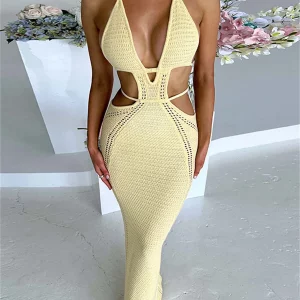 Y2K Halter Knit Crochet Beach Dress - Backless Deep V Cutout Bodycon Clubwear