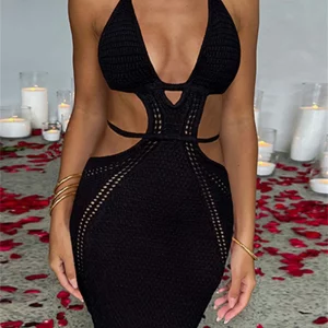 Y2K Halter Knit Crochet Beach Dress - Backless Deep V Cutout Bodycon Clubwear