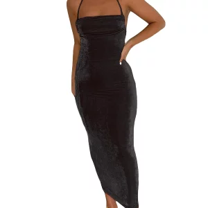 Y2K Halter Neck Bodycon Maxi Dress - Sleeveless Backless Tie-Up Detail