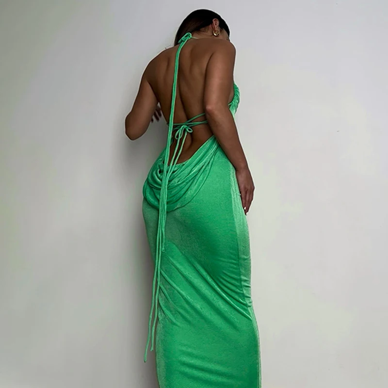 Y2K Halter Neck Bodycon Party Dress - Open Back Wrap Skirt