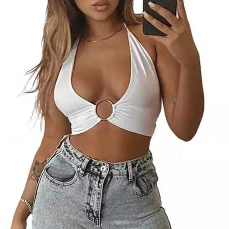 Y2K Halter Tank Top: Solid Color Backless Ring Connect Slim Vest - Women's Summer Club Streetwear