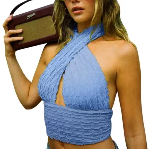 Y2K Halterneck Crop Top - Solid Color Sleeveless Backless Camisole for Summer