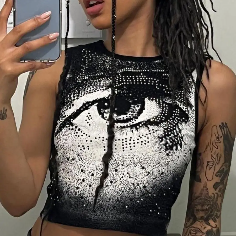 Y2K Hand-Painted Eye Print Sleeveless Vest - Women's Summer Fashion