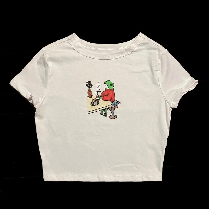 Y2K Harajuku Aesthetic Cartoon Print Short-Sleeve Baby Tee - High Street Fashion