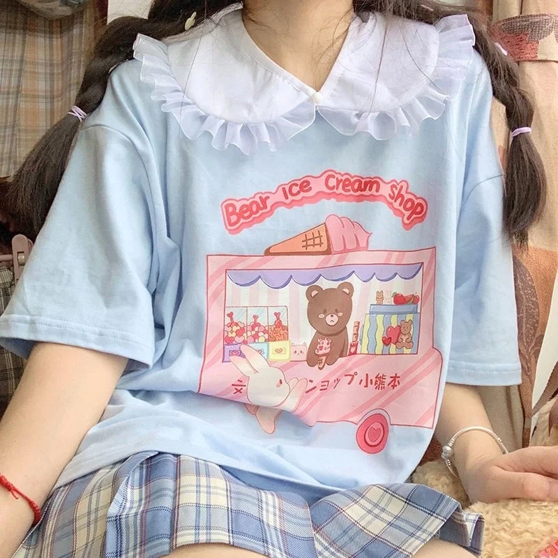 Y2K Harajuku Bear Ice Cream Loose Cotton T-shirt