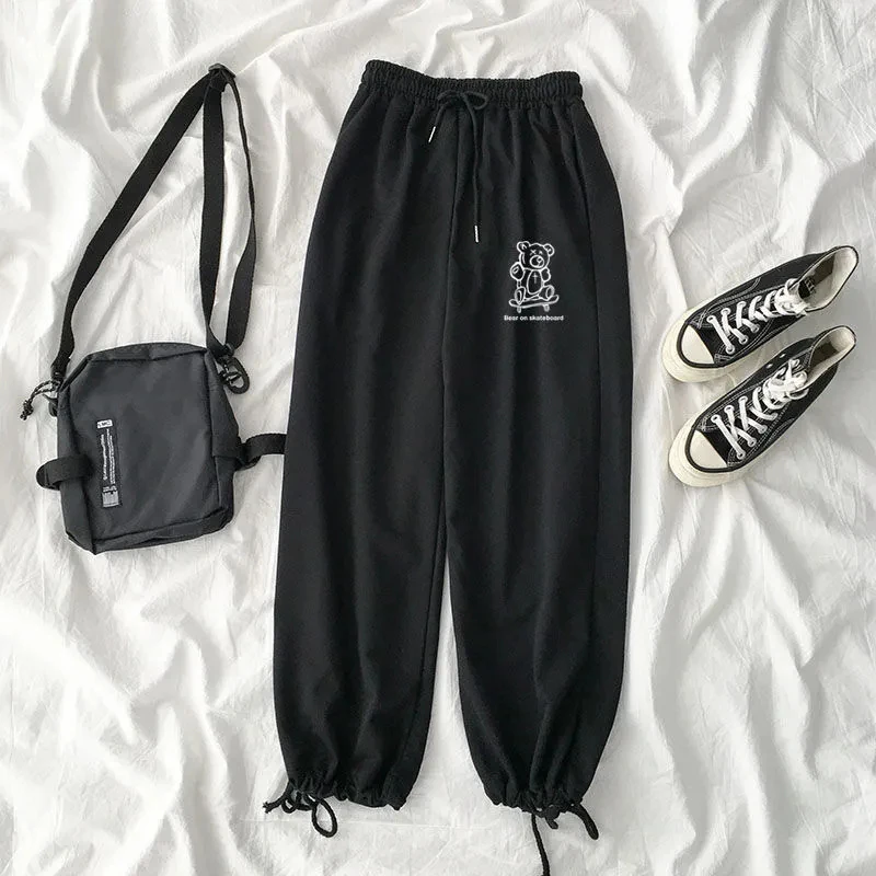 Y2K Harajuku Bear Print Gray Sweatpants - Oversized Loose Black Joggers