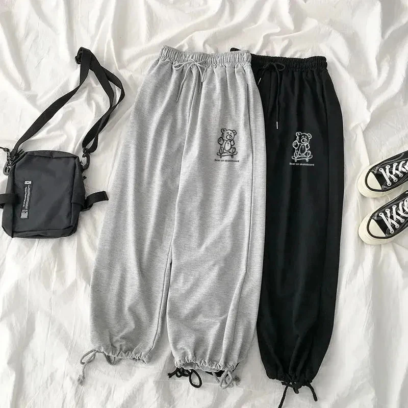 Y2K Harajuku Bear Print Gray Sweatpants - Oversized Loose Black Joggers