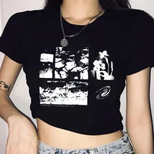 Y2K Harajuku Grunge Graphic Black Goth Punk 90s Vintage Slim Crop Top Streetwear