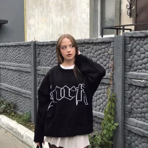 Y2K Harajuku Knitted Jacquard Pullover - Black Letter Print