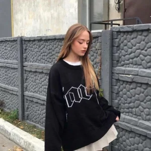 Y2K Harajuku Knitted Jacquard Pullover - Black Letter Print