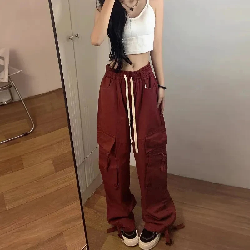 Y2K Harajuku Red Cargo Pants - Oversize Baggy Hip Hop Fashion Streetwear