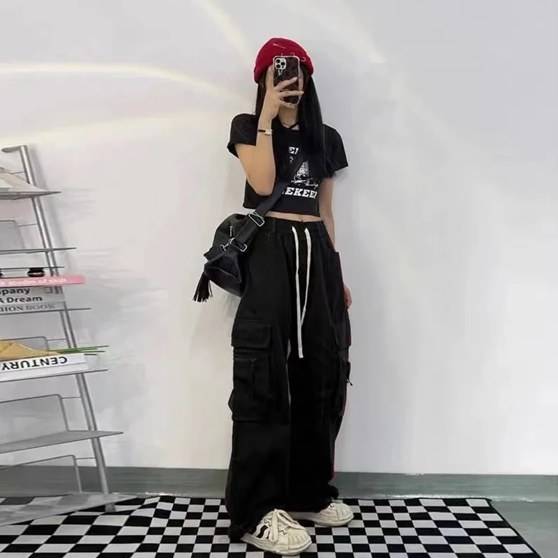 Y2K Harajuku Red Cargo Pants - Oversize Baggy Hip Hop Fashion Streetwear