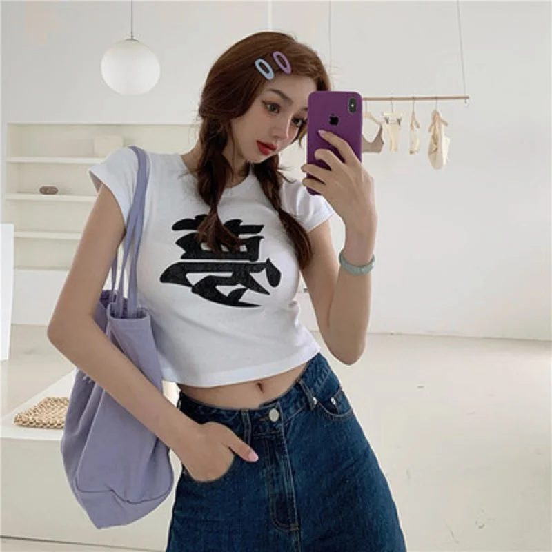 Y2K Harajuku Street Style Crop Top with Chinese Print