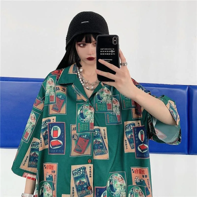 Y2K Harajuku Vintage Streetwear Blouse - Japanese Style Oversized Button-Up Shirt