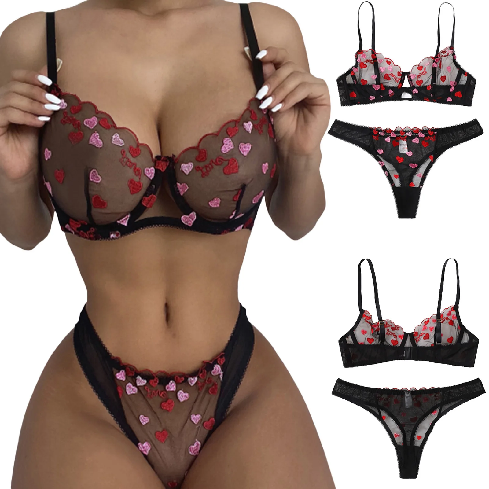 Y2K Heart Embroidery Mesh Lingerie Set - Sensual Exotic Bralette & Panty