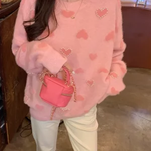 Y2K Heart Pearl Beaded Sweater - Pink Kawaii Knit Pullover