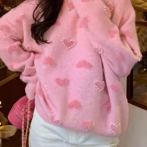 Y2K Heart Pearl Beaded Sweater - Pink Kawaii Knit Pullover