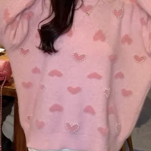 Y2K Heart Pearl Beaded Sweater - Pink Kawaii Knit Pullover