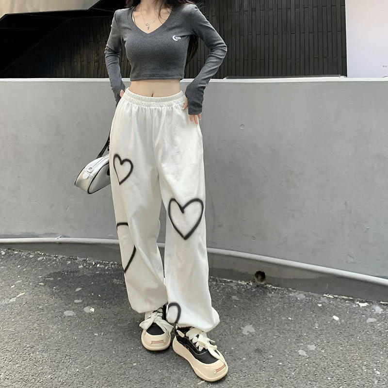 Y2K Heart Print Casual Pants - Vintage Loose Fit Joggers for Women