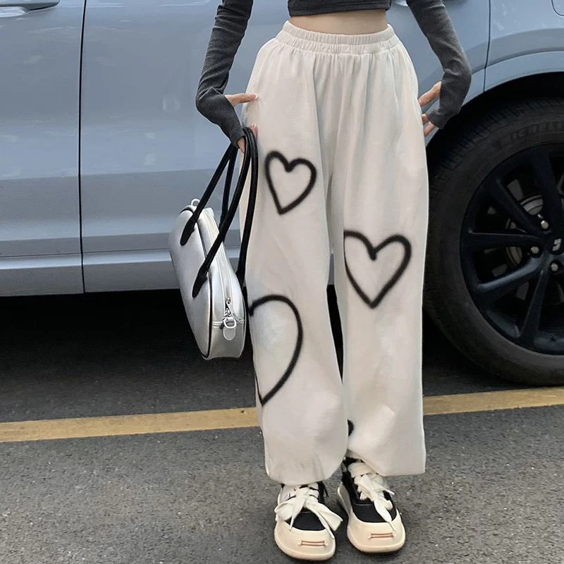 Y2K Heart Print Casual Pants - Vintage Loose Fit Joggers for Women